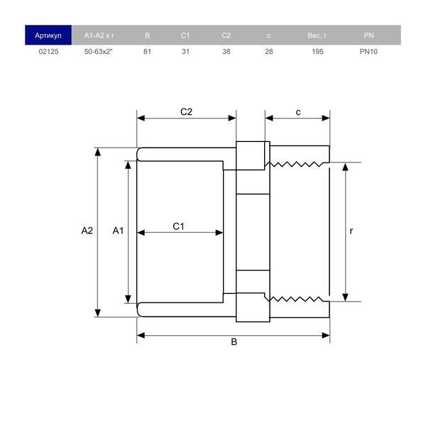 Подвійний адаптер ПВХ Hidroten 1002125, муфта/втулка, BP, d50-63 мм, 2" 30975 фото
