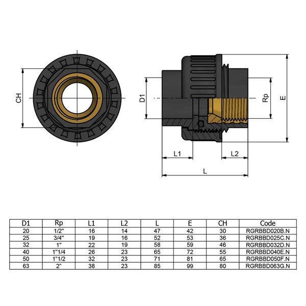 Муфта ПВХ Effast RGRBBD063G.N перехідна, з внутрішньою різьбою d63x2" 19105 фото
