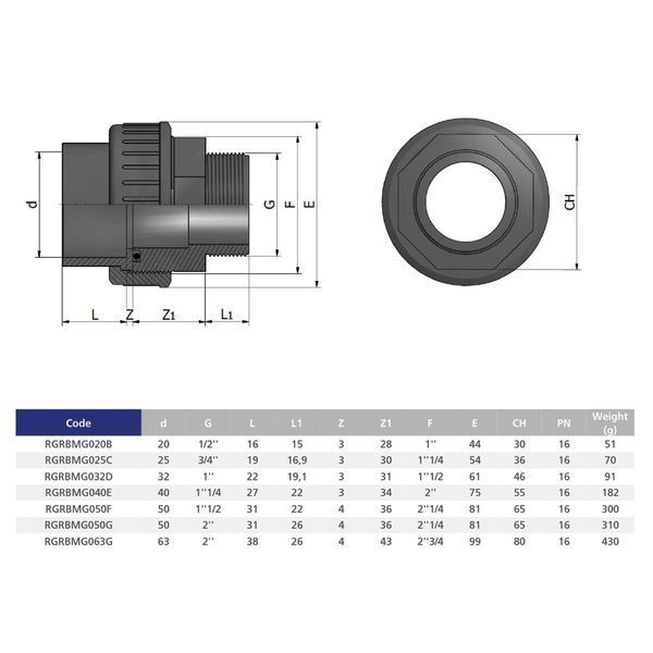 Муфта ПВХ Effast RGRBMG020B розбірна, із зовнішньою різьбою d20x1/2" 19255 фото